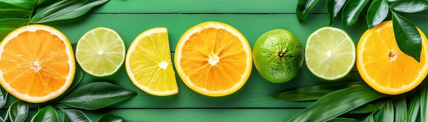Sliced citrus fruits including oranges, lemons, and limes arranged on green wooden background with leaves, showcasing vibrant colors and freshness.