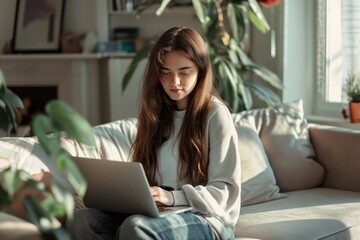 Young woman working on laptop in cozy living room setting, remote work concept