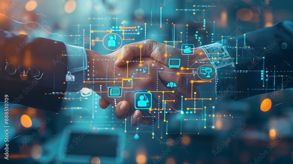Aufkleber digital handshake: partnership and collaboration in a tech-driven world