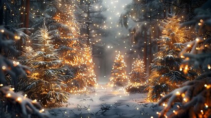 Naklejka premium Magical Christmas forest with decorated pine trees