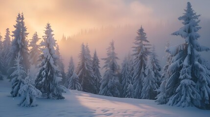Naklejka premium Scenic winter wonderland of fir forest trees covered in snow
