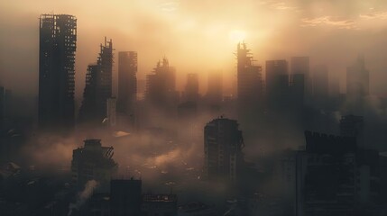 Vast post-apocalyptic city skyline at dusk silhouette