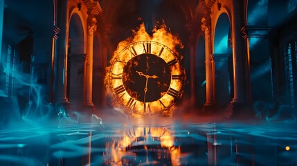 Melting and burning clock with glowing roman numbers