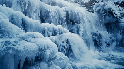 Frozen Waterfall cascading over rocks covered in snow