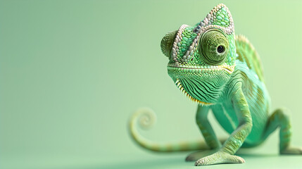 Chameleon of the color green isolated pastel background, chameleon banner,  With text copy space. Generative ai