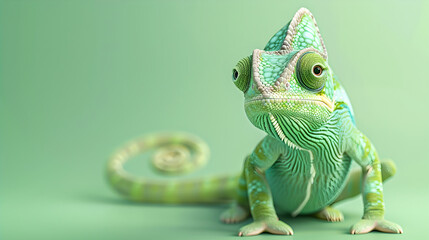Cute chameleon of the color green isolated pastel background Copy space. Creative animal composition