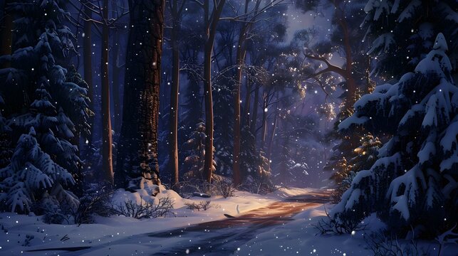 Magical winter night in the forest
