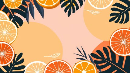 Fototapeta premium Vibrant tropical background with sliced citrus fruits and lush palm leaves in a colorful, summery design.
