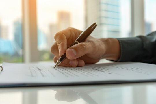 Hand signing document in office setting with a blurred background business concept
