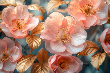 Pale pink petals and golden leaves creating a serene floral composition.