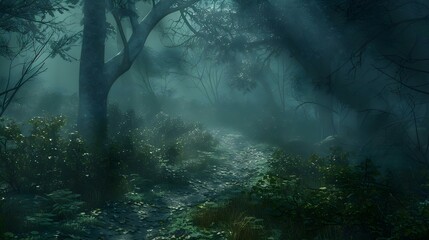 Misty forest path winding through dense undergrowth