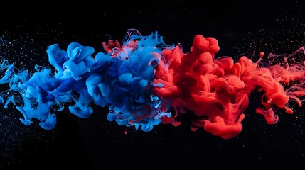 Acrylic blue and red colors in water with ink blot