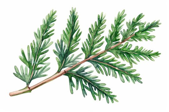 A cedar leaf illustrated with intricate watercolor needles isolate on white background