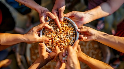 Hands distributing nutritious food to combat hunger