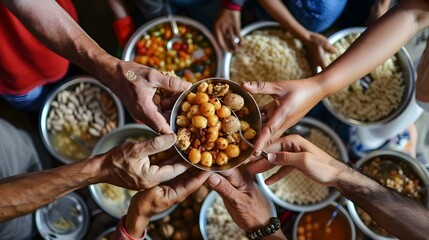 Hands distributing nutritious food to combat hunger