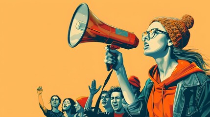 Female activist leading protest with megaphone