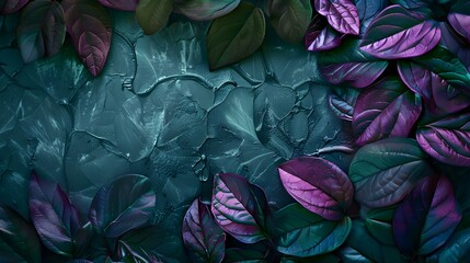 Textured background of metallic green and purple leaves