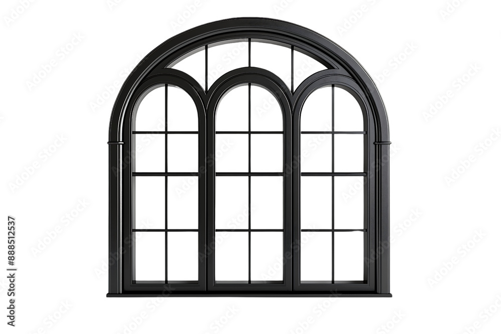 Wall mural black arched window with a fanlight and multiple panes isolated on transparent background