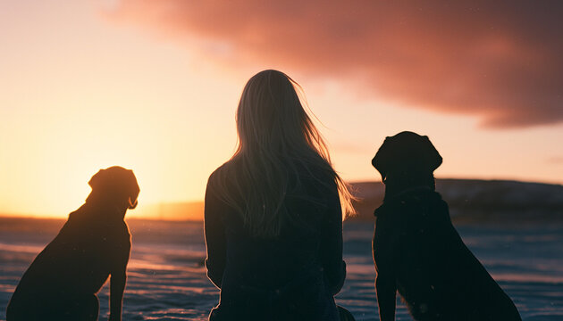 Mulher loira com cabelo liso olhando para o horizonte ao p&ocirc;r do sol, acompanhada de dois c&atilde;es labrador preto, vista traseira cinematogr&aacute;fica IA Generativa