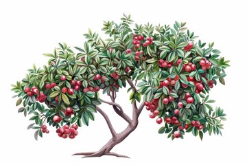 An arbutus tree illustrated with striking watercolor berries isolate on white background