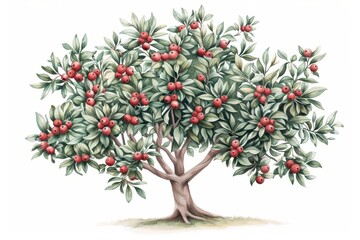 Obraz premium An arbutus tree illustrated with striking watercolor berries isolate on white background