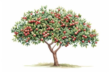 Fototapeta premium An arbutus tree illustrated with striking watercolor berries isolate on white background