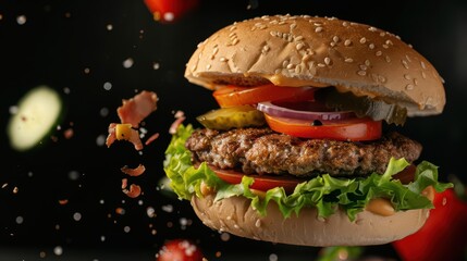 Burger splitting open, with juicy patty, fresh vegetables, and soft bun flying apart in a savory explosion