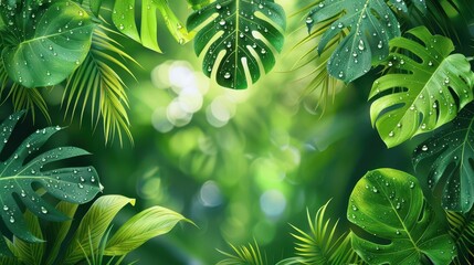 tropical leaves flat design droplets front view lush greenery theme animation Splitcomplementary color scheme