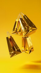 Golden paper bags in free fall on a yellow background, perfect for sale promotion banners with copy space, ultra-realism in 8K.