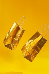 Golden paper bags in free fall on a yellow background, perfect for sale promotion banners with copy space, ultra-realism in 8K.