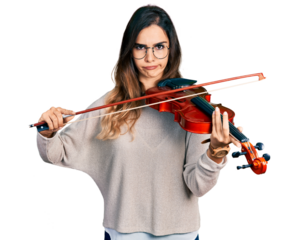 Beautiful hispanic woman playing violin skeptic and nervous, frowning upset because of problem. negative person.