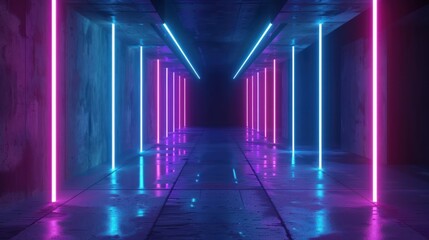 Neon Lights Illuminate a Concrete Corridor