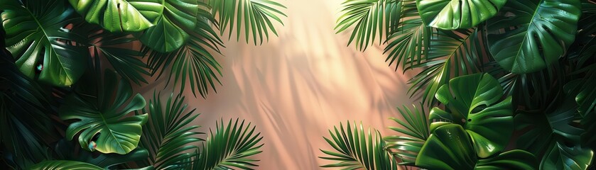 tropical leaves flat design natural light side view serene nature theme 3D render Complementary Color Scheme