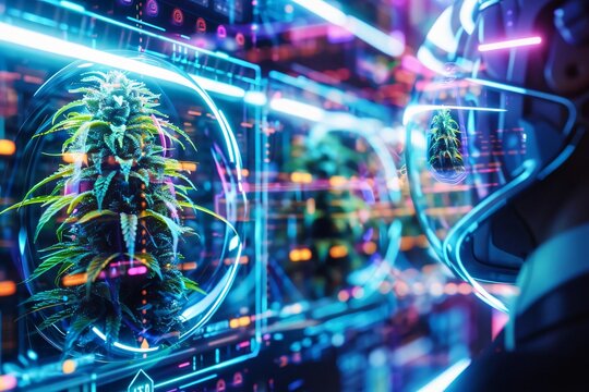 Futuristic agricultural technology with virtual reality and digital interface displaying advanced plant cultivation in a high-tech lab.