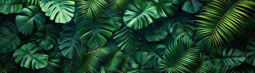 tropical leaves flat design background front view lush jungle theme 3D render Complementary Color Scheme