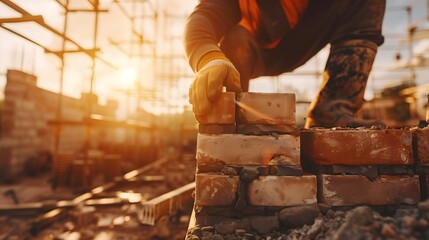 Construction worker laying bricks at sunset