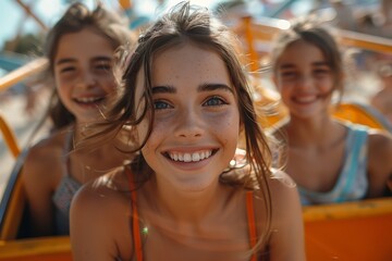 Fototapeta premium Mother and two children family riding a rollercoaster at an amusement park experiencing excitement, joy, laughter, and fun 