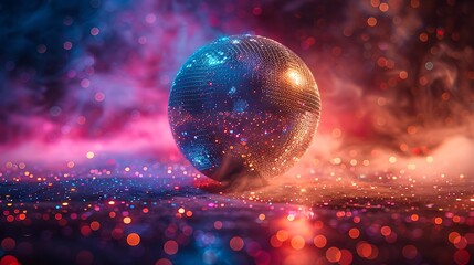  Disco ball sphere with colorful disco lights for party nights , wallpaper background with copy space 