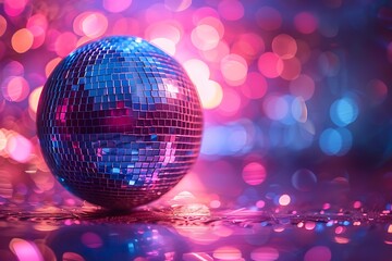 Obraz premium Disco ball sphere with colorful disco lights for party nights , wallpaper background with copy space 