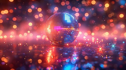  Disco ball sphere with colorful disco lights for party nights , wallpaper background with copy space 