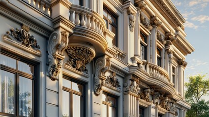 Obraz premium Classic home building, ornate architectural details, realistic background, high resolution, appealing to buyers