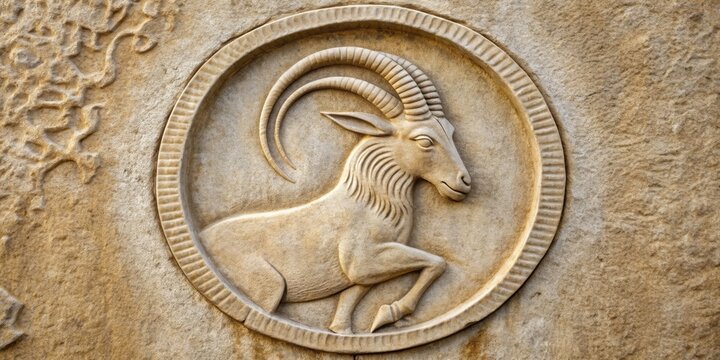 Majestic image of a Capricorn symbol carved in stone, ambitious, disciplined, determined, responsible, patient
