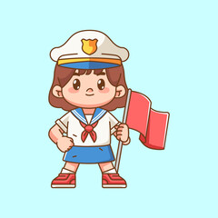 Cute girl wear sailor uniform hold flag kawaii chibi character mascot illustration
