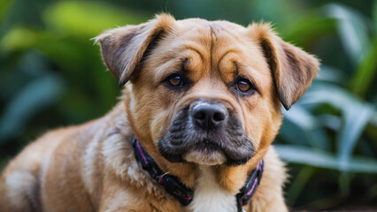 Obraz premium Close-up of a cute puppy with a blurred green background, showing an adorable expression.