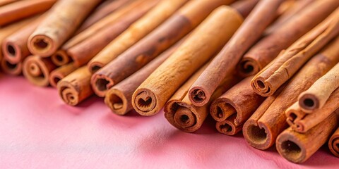 Close-up of cinnamon sticks scattered on pink background, cinnamon, sticks, pink, background, spice, aromatic, food