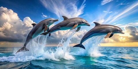 Naklejka premium Happy dolphins are jumping and splashing , dolphins, happy, jumping, splashing, marine life, ocean, wildlife, playful, fun
