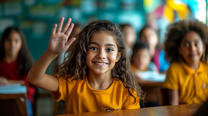 Fototapeta premium Little Hispanic girl raising her hand to answer a question, sitting in classroom, back to school, copy space