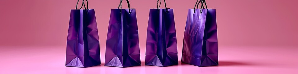 Group of purple shopping bags on pink background, high-resolution, professional studio lighting, shot with Sony Alpha A7 III.