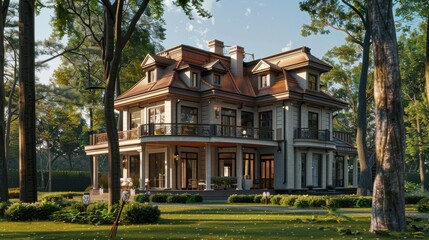 Fototapeta premium Classic house model, detailed design, integrated home security, realistic background, high resolution, timeless architecture
