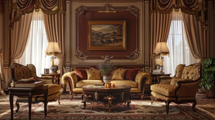 Fototapeta premium Classic architectural interior, formal sitting room, detailed design, realistic background, high resolution, engaging decor
